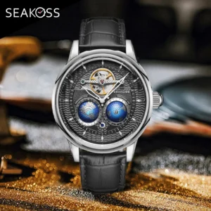 Reloj mecánico SEAKOSS para hombre, reloj con movimiento automático, reloj masculino 3D con doble tierra giratoria, resistente al agua, relojes de pulsera con volante 1963